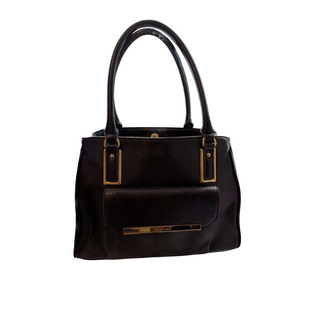 Anne Klein Black Satchel Handbag Gold Hardware Structured Purse Top Handle Bag